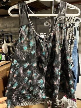 living doll Black Tank Top with Teal and Pink Feather Print